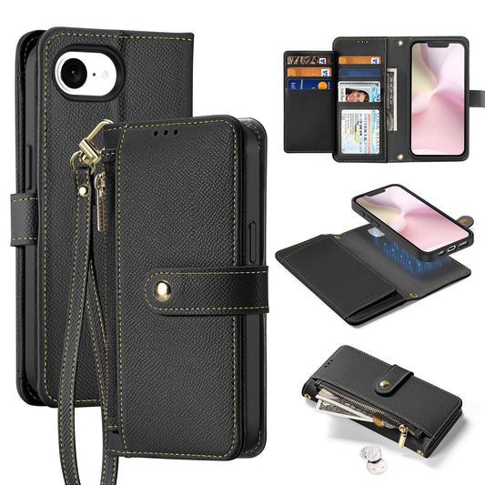 For iPhone 16e Case DUX DUCIS Lawa Series Detachable Magnetic Cowhide Leather Cover Zipper Wallet - Black