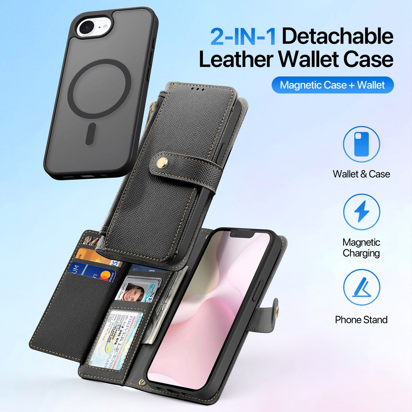 For iPhone 16e Case DUX DUCIS Lawa Series Detachable Magnetic Cowhide Leather Cover Zipper Wallet - Black