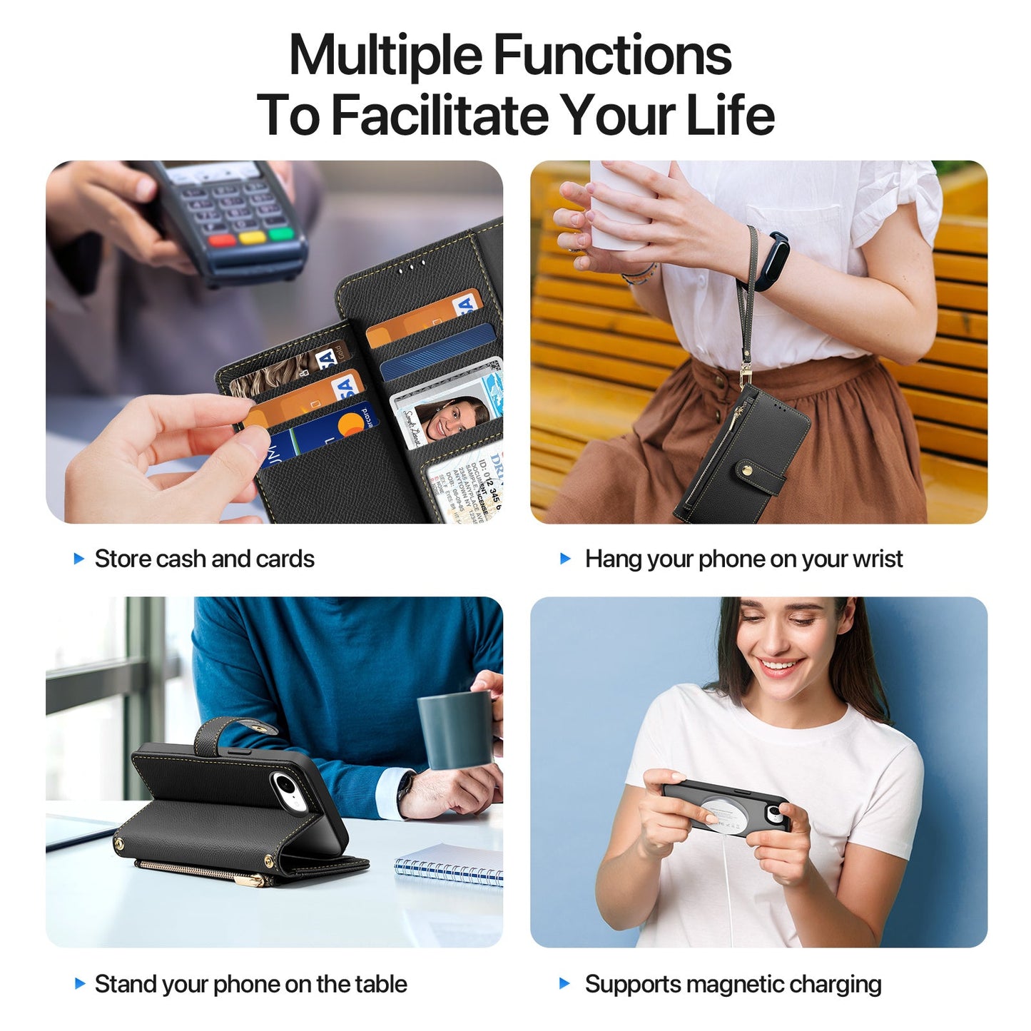 For iPhone 16e Case DUX DUCIS Lawa Series Detachable Magnetic Cowhide Leather Cover Zipper Wallet - Black