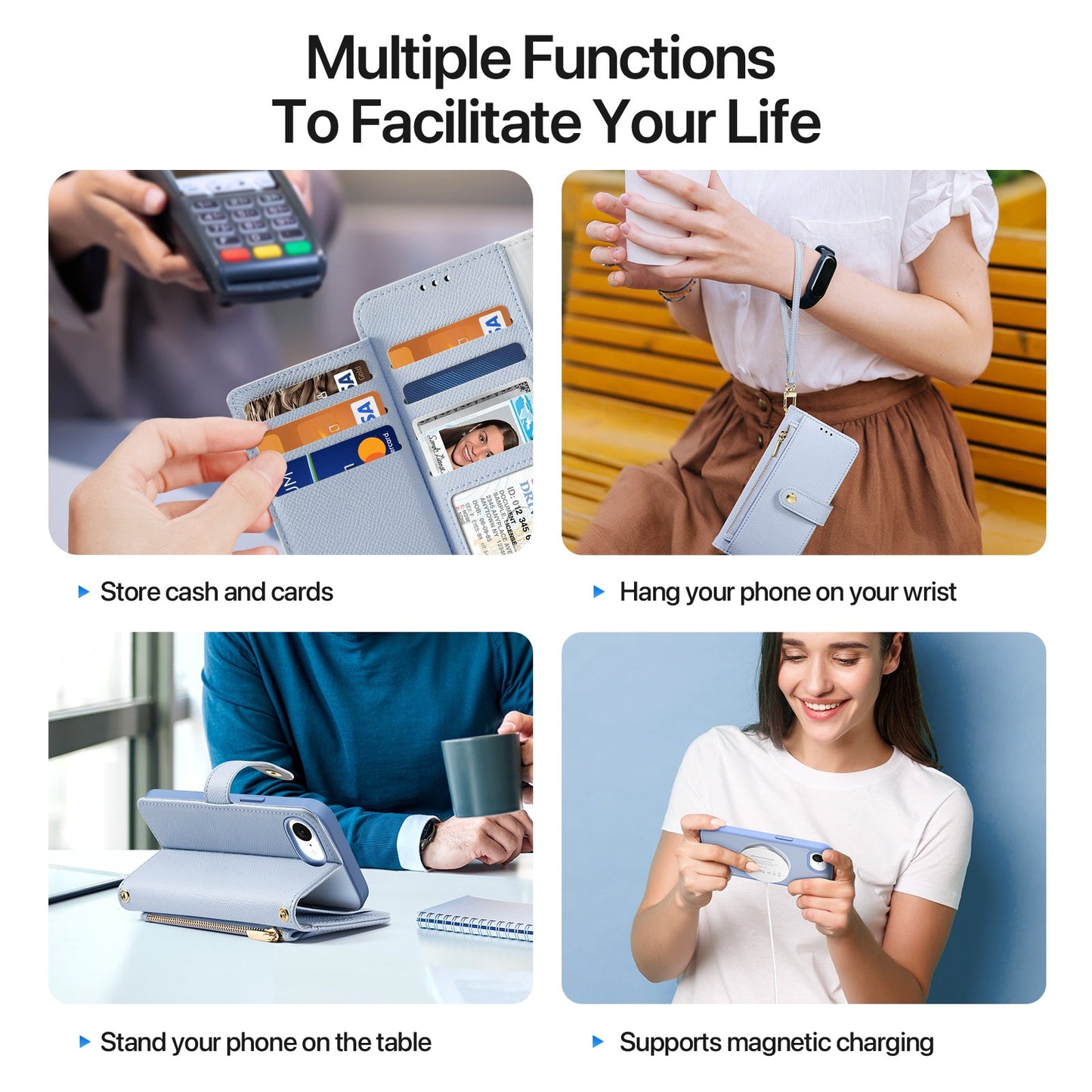 For iPhone 16e Case DUX DUCIS Lawa Series Detachable Magnetic Cowhide Leather Cover Zipper Wallet - Light Blue