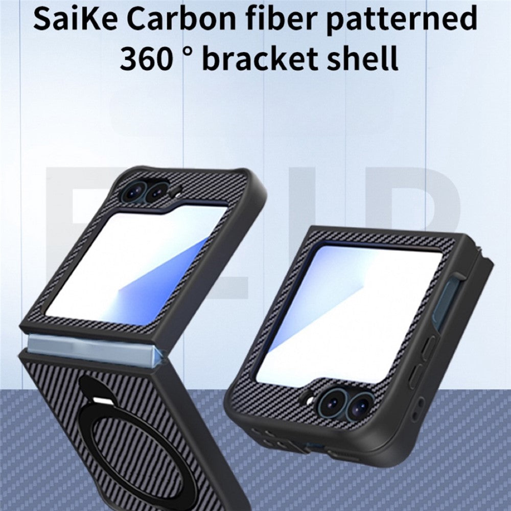 For Samsung Galaxy Z Flip7 FE 5G / Z Flip6 5G / Z Flip5 5G Phone Case with Magnetic Kickstand TPU + PC Carbon Fiber Back Cover - Black