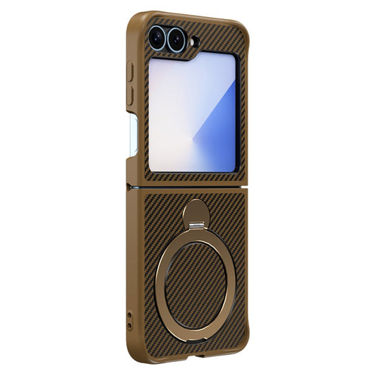 For Samsung Galaxy Z Flip7 FE 5G / Z Flip6 5G / Z Flip5 5G Phone Case with Magnetic Kickstand TPU + PC Carbon Fiber Back Cover - Brown
