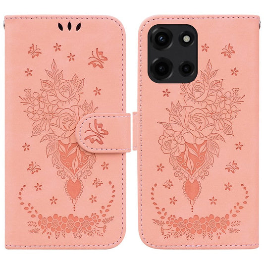 For Motorola Moto G 5G (2025) Case PU Leather Wallet Phone Cover Butterfly Flower Imprint - Pink