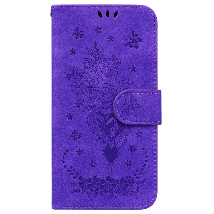 For Motorola Moto G 5G (2025) Case PU Leather Wallet Phone Cover Butterfly Flower Imprint - Purple