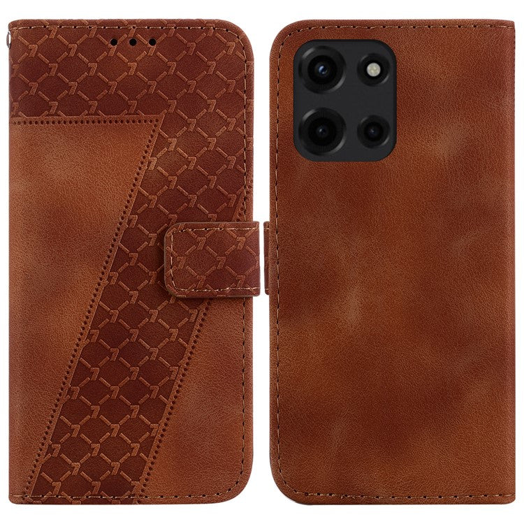 For Motorola Moto G 5G (2025) Stand Case 7-Shaped Pattern Imprint Leather Phone Cover - Brown