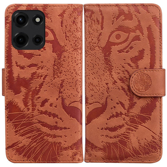 For Motorola Moto G 5G (2025) Case Tiger Imprint Leather Wallet Phone Cover - Brown