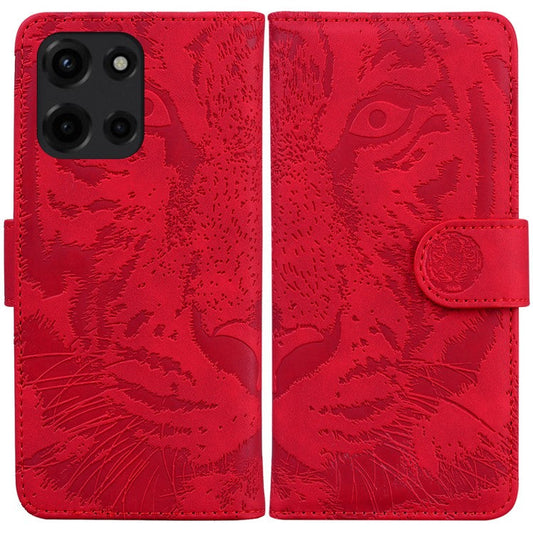 For Motorola Moto G 5G (2025) Case Tiger Imprint Leather Wallet Phone Cover - Red