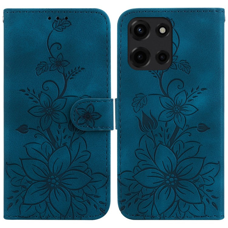 For Motorola Moto G 5G (2025) Case Lily Flower Imprint Leather Phone Cover with Stand - Dark Blue