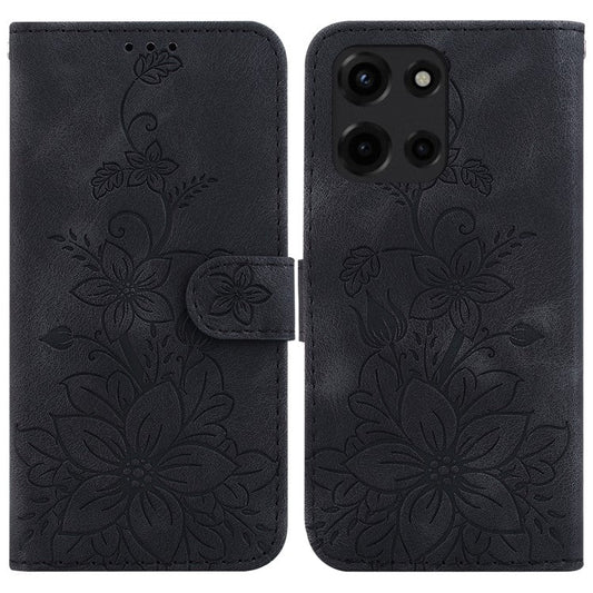 For Motorola Moto G 5G (2025) Case Lily Flower Imprint Leather Phone Cover with Stand - Black