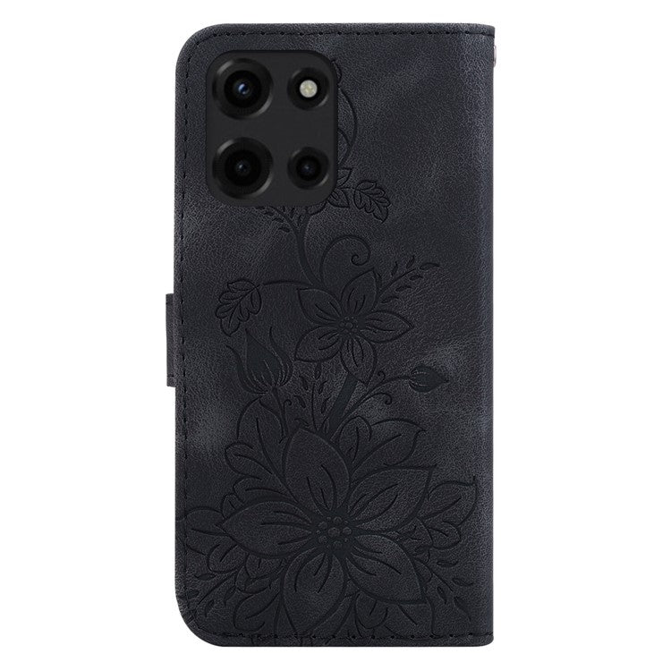 For Motorola Moto G 5G (2025) Case Lily Flower Imprint Leather Phone Cover with Stand - Black