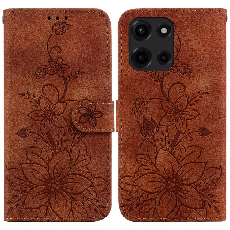 For Motorola Moto G 5G (2025) Case Lily Flower Imprint Leather Phone Cover with Stand - Brown