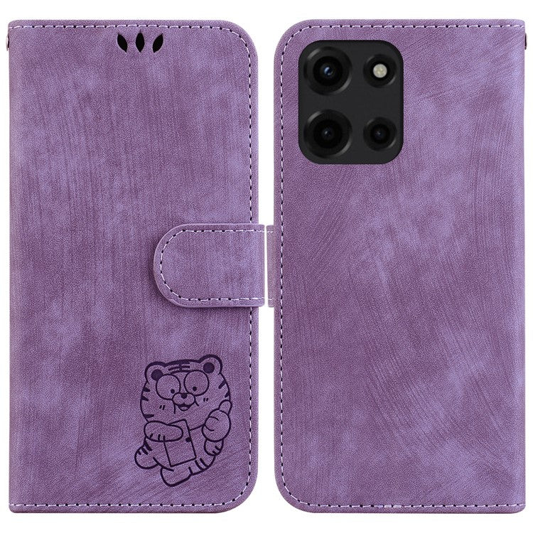 For Motorola Moto G 5G (2025) Wallet Case Tiger Imprint Leather Shockproof Phone Cover - Purple