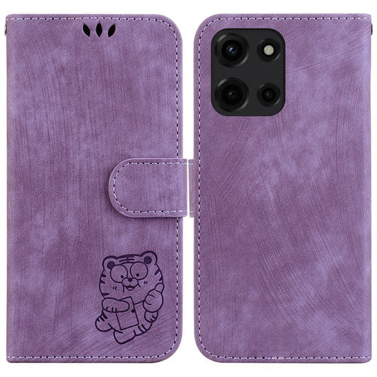 For Motorola Moto G 5G (2025) Wallet Case Tiger Imprint Leather Shockproof Phone Cover - Purple