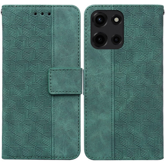 For Motorola Moto G 5G (2025) Case Geometry Pattern Leather Wallet Phone Cover - Green