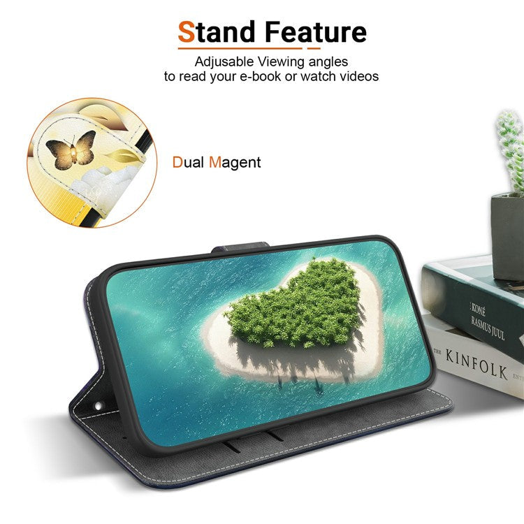 For Motorola Moto G 5G (2025) Wallet Phone Case Anti-Drop Leather Flip Cover Pattern Printing - Gold Butterfly Flower