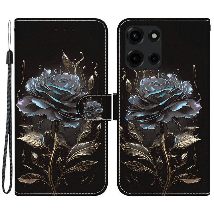 For Motorola Moto G 5G (2025) Wallet Phone Case Anti-Drop Leather Flip Cover Pattern Printing - Black Rose