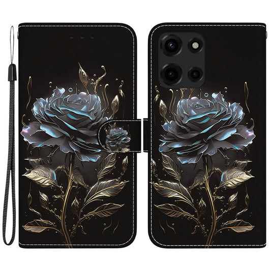 For Motorola Moto G 5G (2025) Wallet Phone Case Anti-Drop Leather Flip Cover Pattern Printing - Black Rose