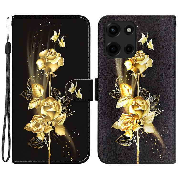For Motorola Moto G 5G (2025) Wallet Phone Case Anti-Drop Leather Flip Cover Pattern Printing - Gold Butterfly Rose