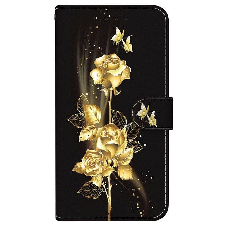 For Motorola Moto G 5G (2025) Wallet Phone Case Anti-Drop Leather Flip Cover Pattern Printing - Gold Butterfly Rose