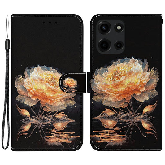 For Motorola Moto G 5G (2025) Wallet Phone Case Anti-Drop Leather Flip Cover Pattern Printing - Gold Peony