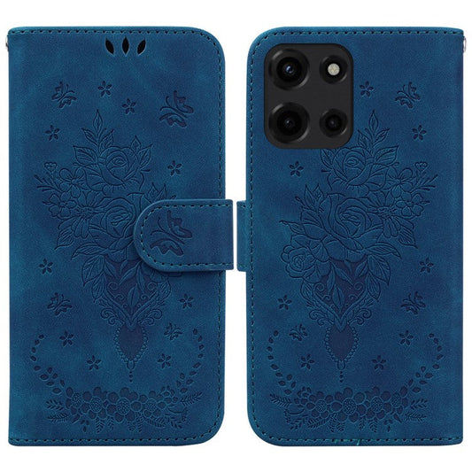 For Motorola Moto G Power (2025) Case PU Leather Wallet Phone Cover Butterfly Flower Imprint - Blue