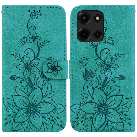 For Motorola Moto G Power (2025) Case Lily Flower Imprint Leather Phone Cover with Stand - Green