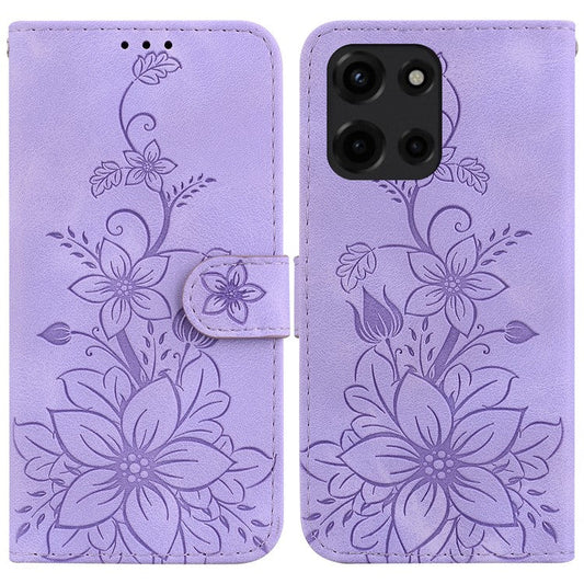 For Motorola Moto G Power (2025) Case Lily Flower Imprint Leather Phone Cover with Stand - Purple