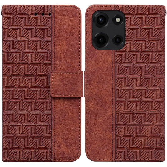 For Motorola Moto G Power (2025) Case Geometry Pattern Leather Wallet Phone Cover - Brown