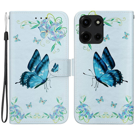 For Motorola Moto G Power (2025) Wallet Phone Case Anti-Drop Leather Flip Cover Pattern Printing - Blue Butterfly Flower