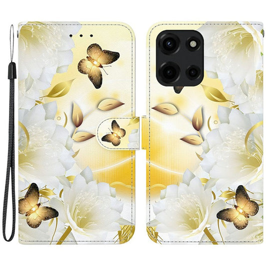 For Motorola Moto G Power (2025) Wallet Phone Case Anti-Drop Leather Flip Cover Pattern Printing - Gold Butterfly Flower