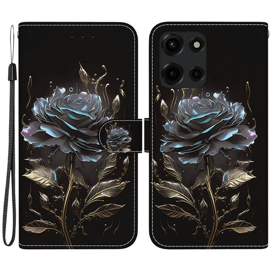 For Motorola Moto G Power (2025) Wallet Phone Case Anti-Drop Leather Flip Cover Pattern Printing - Black Rose