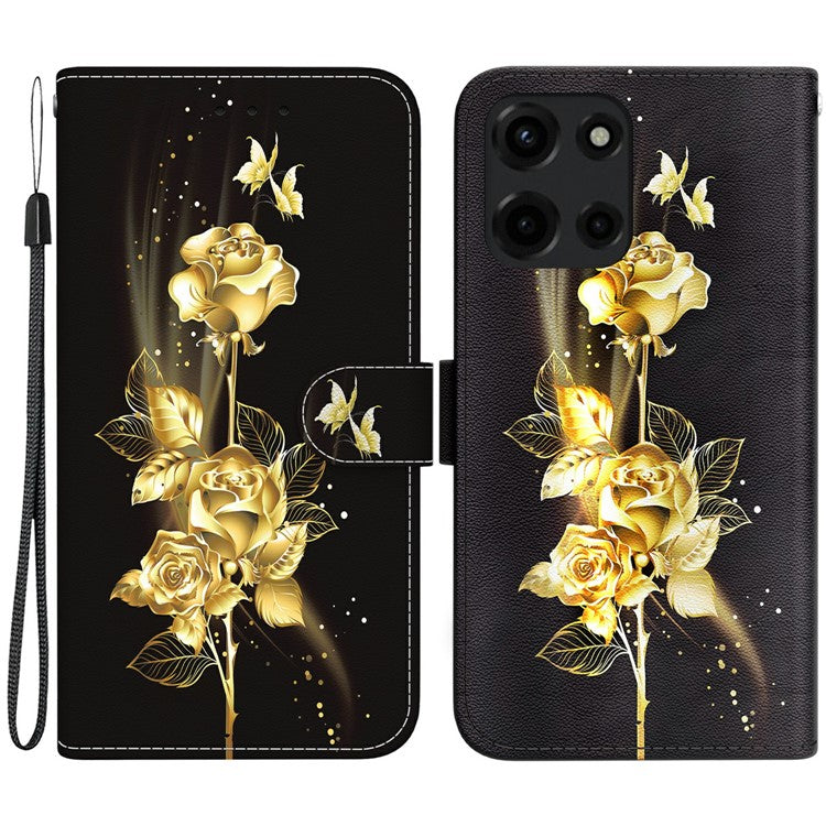 For Motorola Moto G Power (2025) Wallet Phone Case Anti-Drop Leather Flip Cover Pattern Printing - Gold Butterfly Rose