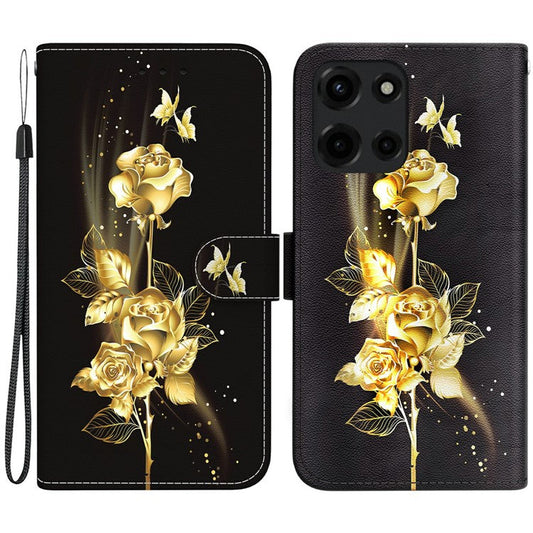 For Motorola Moto G Power (2025) Wallet Phone Case Anti-Drop Leather Flip Cover Pattern Printing - Gold Butterfly Rose