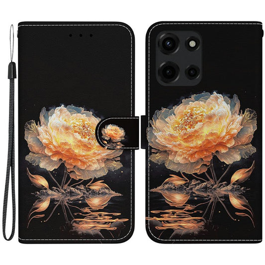 For Motorola Moto G Power (2025) Wallet Phone Case Anti-Drop Leather Flip Cover Pattern Printing - Gold Peony