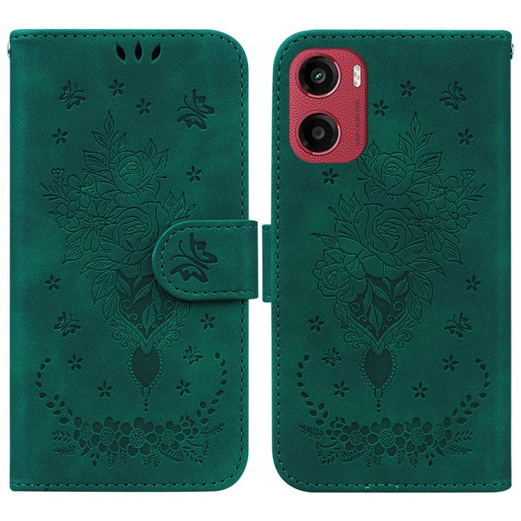 For Motorola Moto G05 4G  /  E15 4G Case PU Leather Wallet Phone Cover Butterfly Flower Imprint - Green
