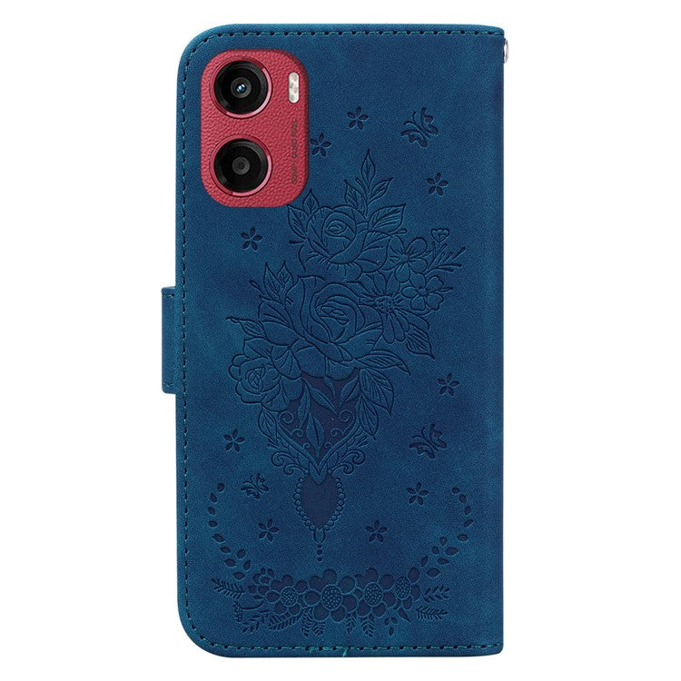 For Motorola Moto G05 4G  /  E15 4G Case PU Leather Wallet Phone Cover Butterfly Flower Imprint - Blue
