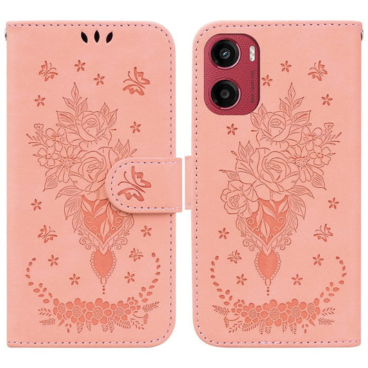 For Motorola Moto G05 4G  /  E15 4G Case PU Leather Wallet Phone Cover Butterfly Flower Imprint - Pink
