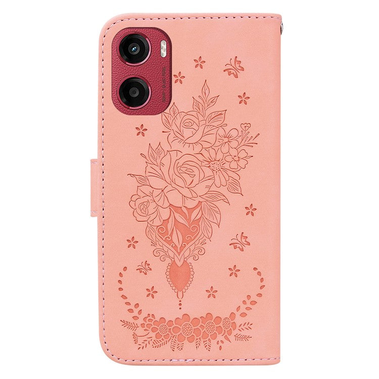 For Motorola Moto G05 4G  /  E15 4G Case PU Leather Wallet Phone Cover Butterfly Flower Imprint - Pink