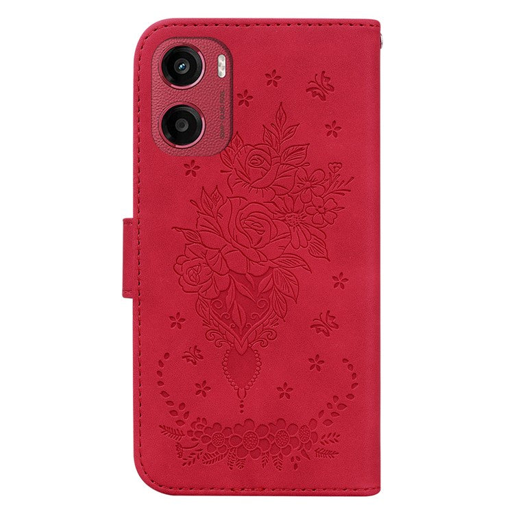 For Motorola Moto G05 4G  /  E15 4G Case PU Leather Wallet Phone Cover Butterfly Flower Imprint - Red