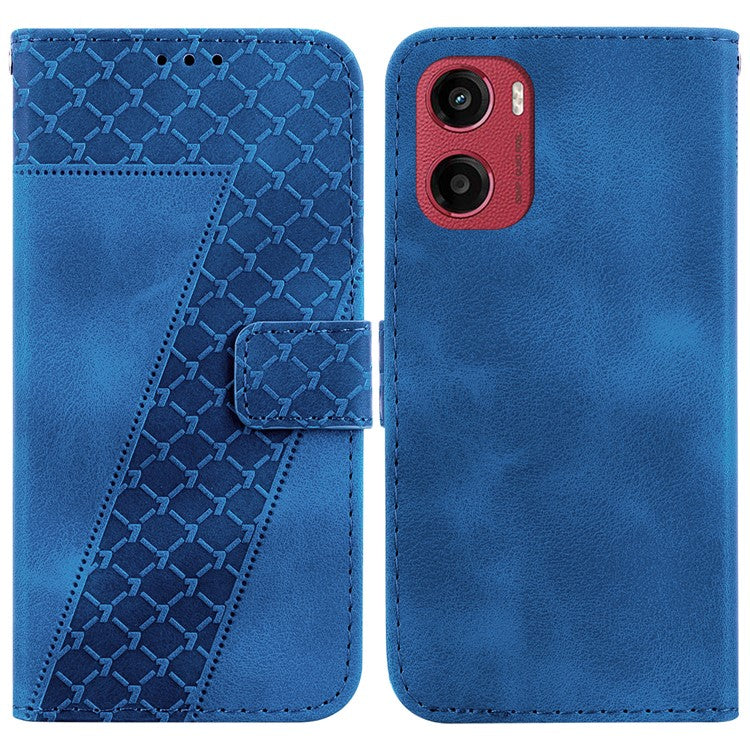For Motorola Moto G05 4G / E15 4G Stand Case 7-Shaped Pattern Imprint Leather Phone Cover - Dark Blue