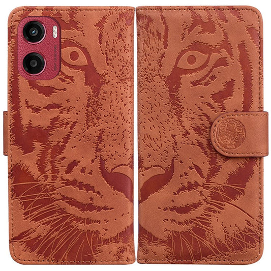 For Motorola Moto G05 4G / E15 4G Case Tiger Imprint Leather Wallet Phone Cover - Brown