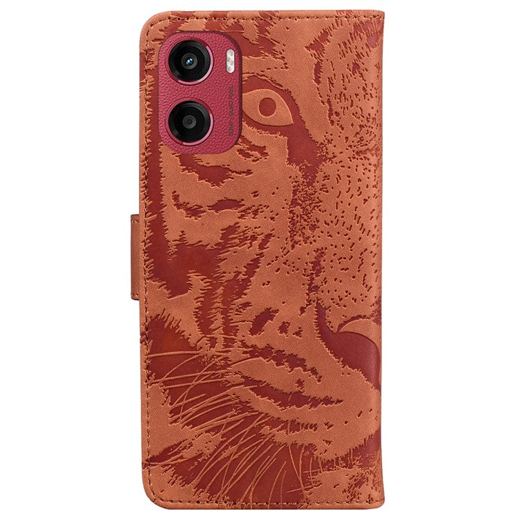 For Motorola Moto G05 4G / E15 4G Case Tiger Imprint Leather Wallet Phone Cover - Brown