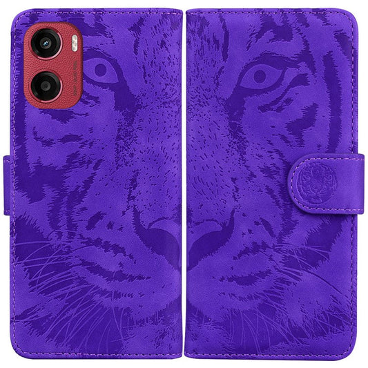 For Motorola Moto G05 4G / E15 4G Case Tiger Imprint Leather Wallet Phone Cover - Purple