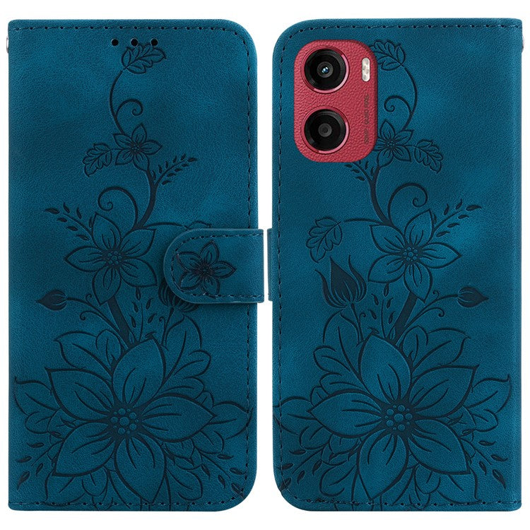 For Motorola Moto G05 4G  /  E15 4G Case Lily Flower Imprint Leather Phone Cover with Stand - Dark Blue