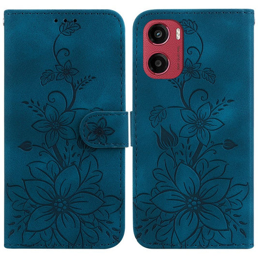 For Motorola Moto G05 4G  /  E15 4G Case Lily Flower Imprint Leather Phone Cover with Stand - Dark Blue