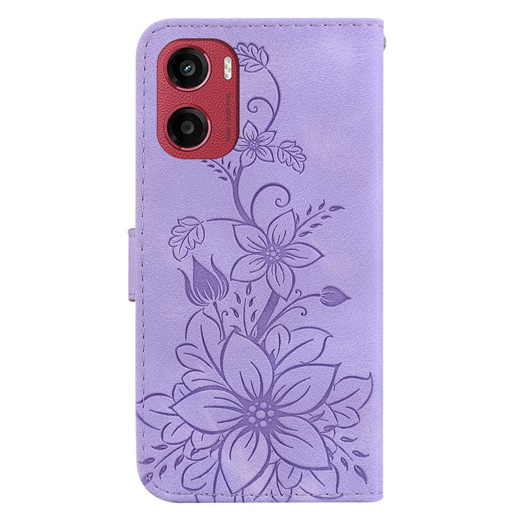For Motorola Moto G05 4G  /  E15 4G Case Lily Flower Imprint Leather Phone Cover with Stand - Purple