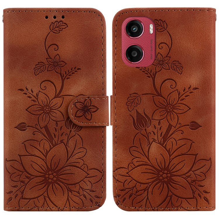 For Motorola Moto G05 4G  /  E15 4G Case Lily Flower Imprint Leather Phone Cover with Stand - Brown