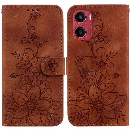 For Motorola Moto G05 4G  /  E15 4G Case Lily Flower Imprint Leather Phone Cover with Stand - Brown