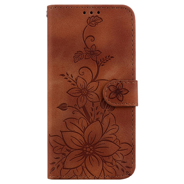 For Motorola Moto G05 4G  /  E15 4G Case Lily Flower Imprint Leather Phone Cover with Stand - Brown