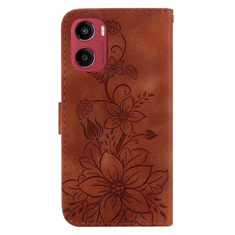 For Motorola Moto G05 4G  /  E15 4G Case Lily Flower Imprint Leather Phone Cover with Stand - Brown